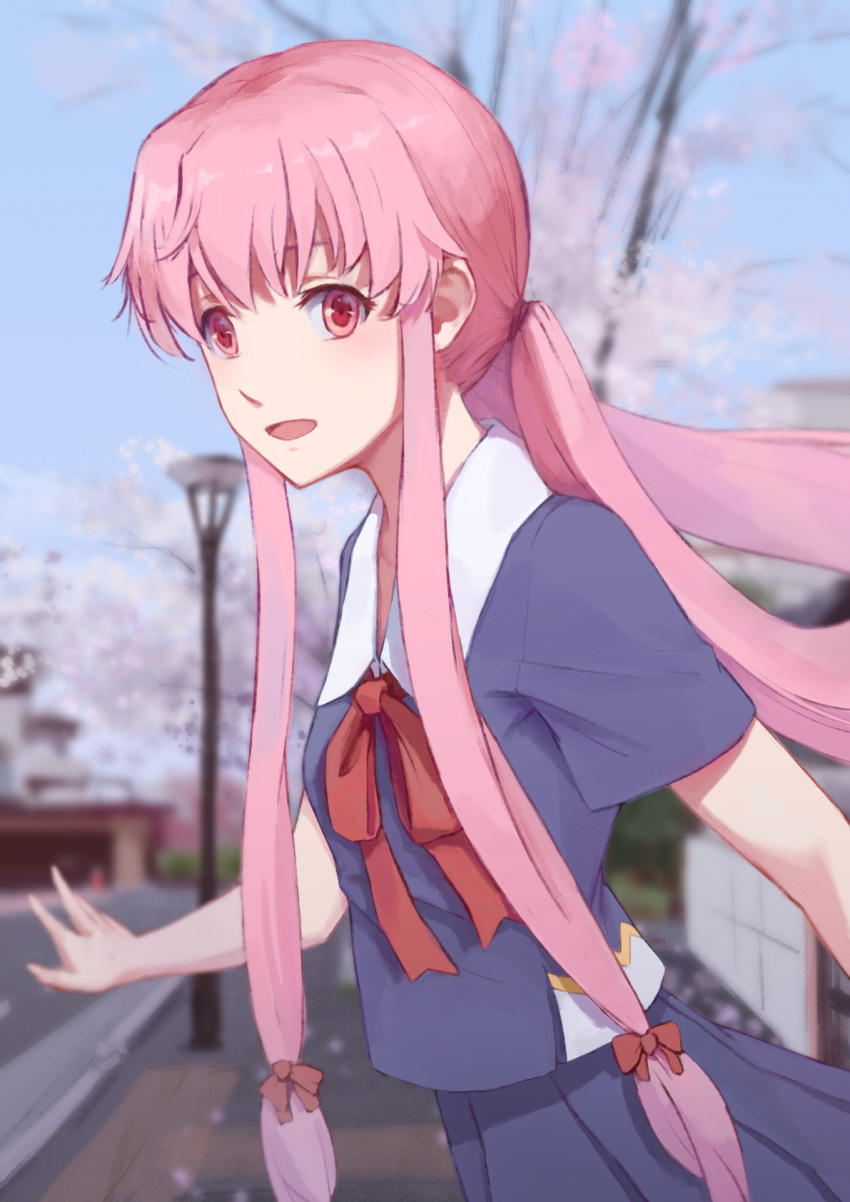 1girl :d bangs blue_shirt blue_skirt blurry blurry_background cherry_blossoms day floating_hair gasai_yuno hair_between_eyes highres long_hair mirai_nikki neckerchief open_mouth outdoors pink_eyes pink_hair pleated_skirt red_neckwear school_uniform shiny shiny_hair shirt short_sleeves skirt smile solo twintails very_long_hair viscum