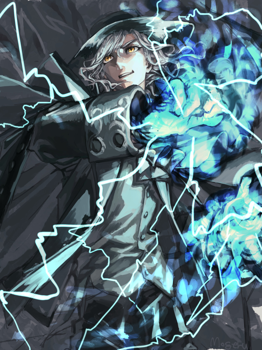 1boy black_cape black_gloves black_headwear black_jacket cape collared_shirt edmond_dantes_(fate/grand_order) electricity fate/grand_order fate_(series) formal gloves hat highres jacket long_sleeves male_focus medium_hair momomogeta parted_lips shirt signature silver_hair solo standing suit white_shirt wing_collar yellow_eyes
