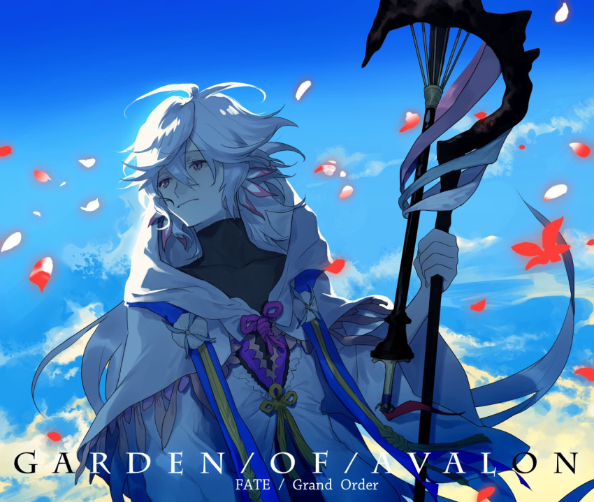 1boy ahoge ays1071 bangs bishounen center_frills clouds copyright_name fate/grand_order fate_(series) flower flower_knot hair_between_eyes hair_ornament holding holding_staff holding_weapon hood hood_down hooded_robe long_hair long_sleeves looking_to_the_side male_focus merlin_(fate) multicolored_hair petals pink_ribbon ribbon robe sky solo staff tassel turtleneck two-tone_hair upper_body very_long_hair violet_eyes weapon white_hair white_robe wide_sleeves