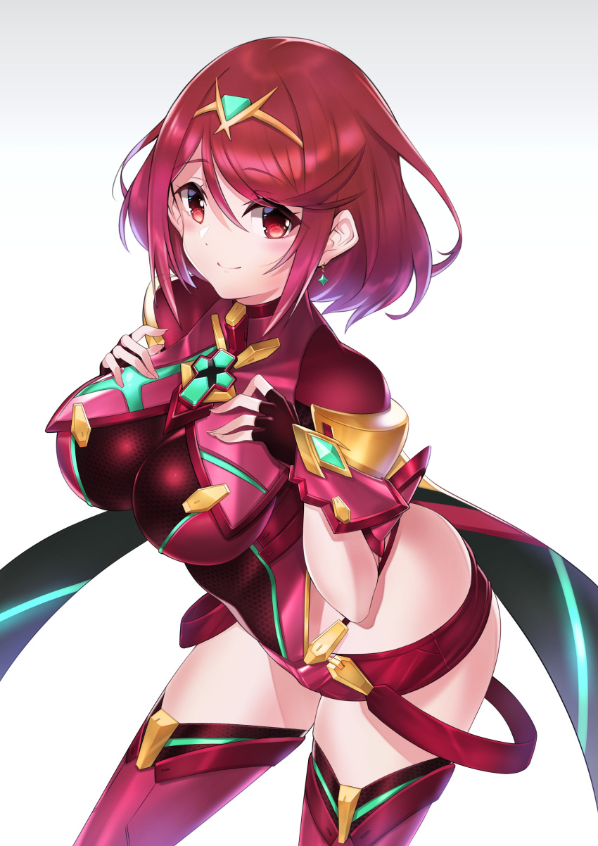1girl absurdres bangs black_gloves blush breasts cawang chest_jewel cowboy_shot cute earrings eyebrows_visible_through_hair fingerless_gloves gem gloves gradient gradient_background grey_background highres jewelry large_breasts looking_at_viewer moe monolith_soft monster_games nintendo pyra_(xenoblade) red_eyes redhead short_hair smile solo swept_bangs thigh-highs tiara white_background xenoblade_(series) xenoblade_2 xenoblade_chronicles_2
