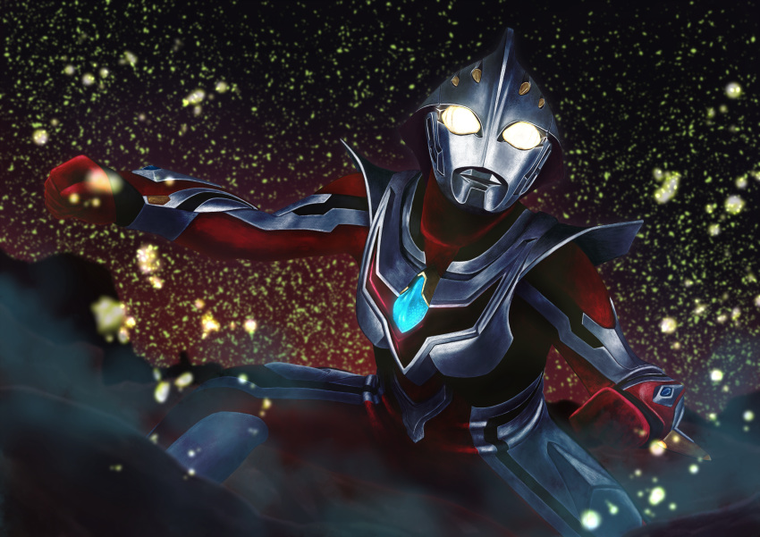 1boy absurdres alien clenched_hands fighting_stance glowing glowing_eyes highres huge_filesize looking_up no_humans solo tachibana_satsuki_(artist) tokusatsu ultra_series ultraman_nexus ultraman_nexus_(series) yellow_eyes