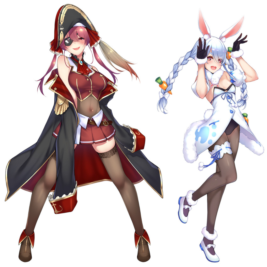 2girls animal_ear_fluff animal_ears arm_cuffs arrow_through_heart ascot bangs bare_shoulders bicorne black_coat black_eyepatch black_gloves black_headwear black_legwear blue_hair blush bodystocking braid breasts brown_legwear bunny-shaped_pupils bunny_girl bunny_tail buttons carrot carrot_hair_ornament coat commentary_request covered_navel crop_top dean epaulettes eyebrows_visible_through_hair eyepatch food_themed_hair_ornament full_body gloves hair_ornament hair_ribbon hat highres hololive houshou_marine lace lace-trimmed_legwear large_breasts leotard long_braid long_hair looking_at_viewer midriff miniskirt multicolored_hair multiple_girls off_shoulder open_mouth rabbit_ears red_eyes red_neckwear red_ribbon red_skirt redhead ribbon scarf simple_background skirt sleeveless small_breasts smile tail thick_eyebrows thigh-highs twin_braids twintails two-tone_hair usada_pekora virtual_youtuber white_background white_coat white_hair