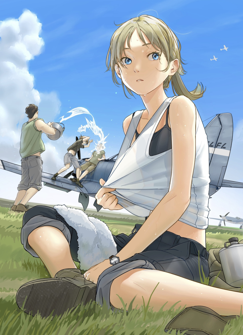 1girl 3boys aircraft airplane blonde_hair blue_eyes clouds collarbone flying highres looking_to_the_side military multiple_boys original shirt shorts sitting sky splashing summer sweat towarai towel watch watch