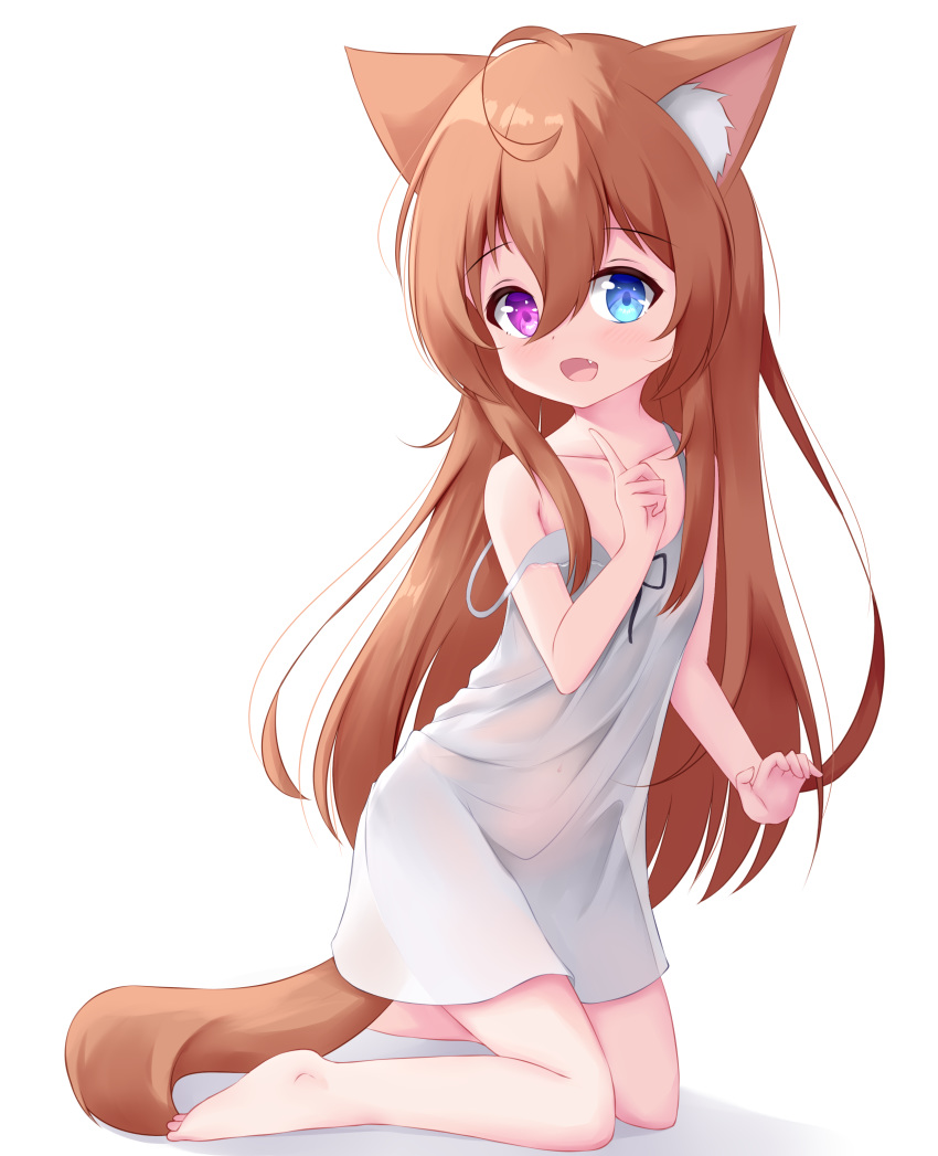 1girl absurdres ahoge animal_ear_fluff animal_ears barefoot brown_hair cat_ears cat_tail child dress fang finger_to_mouth heterochromia highres index_finger_raised kianata kneeling long_hair looking_at_viewer open_mouth original short_dress simple_background sleeveless sleeveless_dress smile solo strap_slip sundress tail toes white_background white_dress