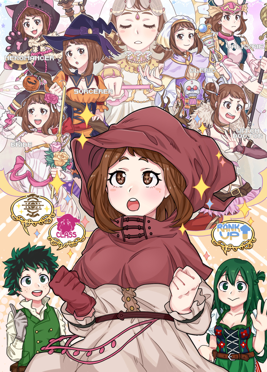 1boy 2girls :o absurdres alternate_costume animal_hood asui_tsuyu blush blush_stickers boku_no_hero_academia brown_capelet brown_eyes brown_hair capelet cat_hood commentary_request dress english_text fangs fire_emblem fire_emblem_awakening flower freckles gloves granblue_fantasy green_dress green_eyes green_hair green_vest grey_dress hair_bun hair_flower hair_ornament hat highres holding holding_staff holding_wand hood hooded_capelet long_hair master_hands messy_hair midoriya_izuku mixed-language_commentary multiple_girls orange_dress purple_dress short_eyebrows short_hair single_glove skull sparkle sparkling_eyes speech_bubble staff uraraka_ochako veil vest wand wedding_dress white_dress witch_hat