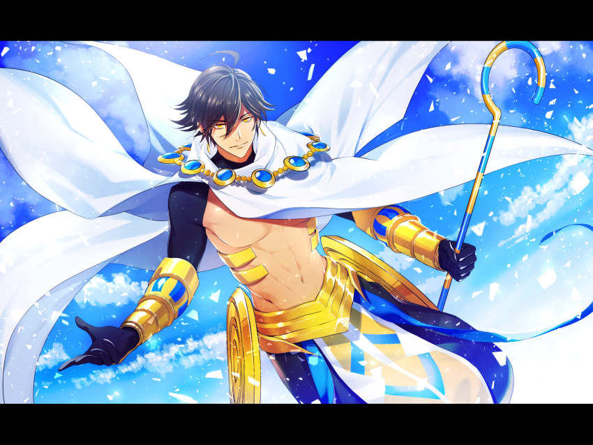 1boy abs ahoge black_gloves brown_hair cape clouds dark_skin dark_skinned_male egyptian egyptian_clothes expressionless fate/grand_order fate/prototype fate/prototype:_fragments_of_blue_and_silver fate_(series) gauntlets gloves gpnet hair_between_eyes highres holding holding_staff jewelry looking_at_viewer male_focus muscle necklace ozymandias_(fate) shirtless shrug_(clothing) sky solo staff white_cape yellow_eyes