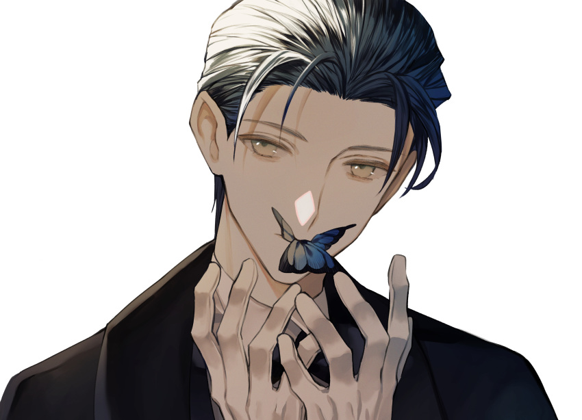 1boy absurdres albino_(a1b1n0623) bangs black_hair bug butterfly close-up collared_shirt covered_mouth cropped_shoulders face fate/grand_order fate_(series) formal gloves green_eyes highres huge_filesize insect jacket looking_at_viewer male_focus parted_bangs sherlock_holmes_(fate/grand_order) shiny shiny_hair shirt solo white_background