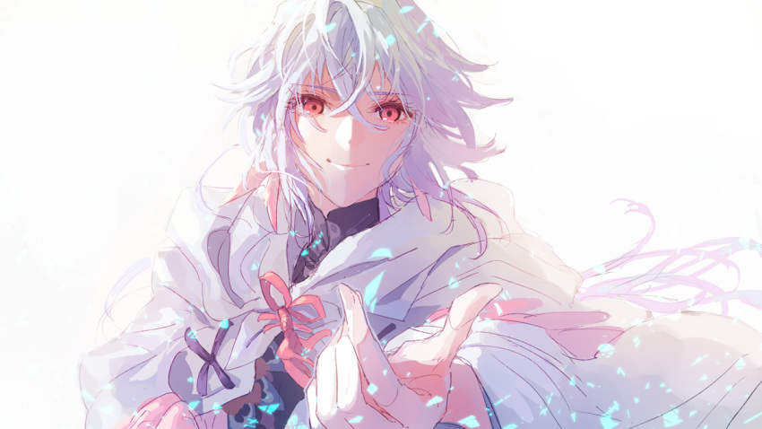 1boy ahoge bangs bishounen center_frills fate/grand_order fate_(series) flower flower_knot hair_between_eyes hair_ornament hastune hood hood_down hooded_robe long_hair long_sleeves looking_at_viewer male_focus merlin_(fate) multicolored_hair pants petals pink_ribbon red_eyes ribbon robe shiny simple_background smile solo tassel turtleneck two-tone_hair upper_body very_long_hair white_background white_hair white_robe wide_sleeves