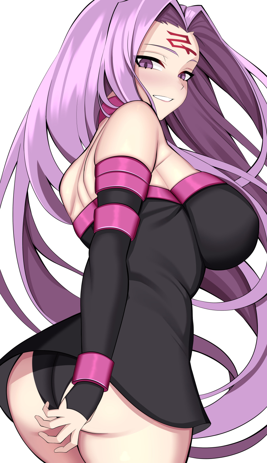 1girl absurdres ass bare_shoulders black_dress black_panties cowboy_shot detached_sleeves dress facial_mark fate/stay_night fate_(series) forehead_mark hair_intakes highres imuzi long_hair long_sleeves microdress panties purple_hair rider short_dress simple_background solo strapless strapless_dress underwear very_long_hair violet_eyes white_background