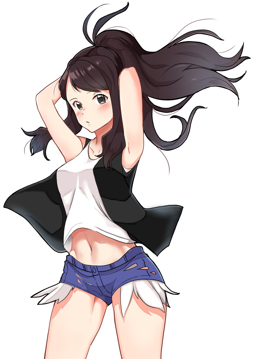 1girl absurdres armpits arms_behind_head arms_up bangs black_eyes black_vest blush brown_hair commentary_request cowboy_shot dark_n eyebrows_visible_through_hair eyelashes floating_hair highres long_hair navel pokemon pokemon_(game) pokemon_bw short_shorts shorts simple_background solo tank_top touko_(pokemon) vest white_background white_tank_top