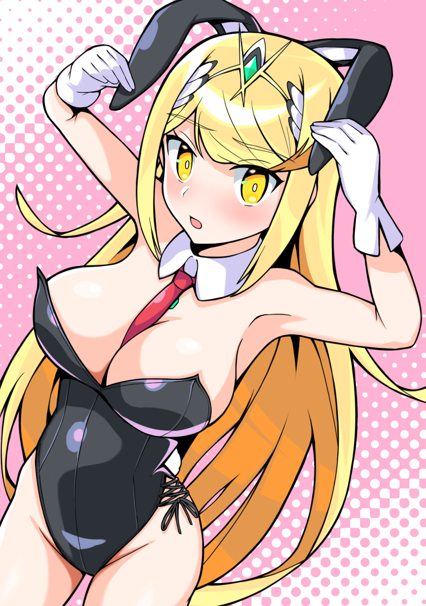 1girl alternate_costume animal_ears bangs black_leotard blonde_hair blush breasts bright_pupils bunny_girl bunnysuit chest_jewel cowboy_shot crotch detached_collar dutch_angle eyebrows_visible_through_hair fake_animal_ears gloves highres mythra_(xenoblade) large_breasts leotard long_hair looking_at_viewer necktie neckwear_between_breasts pink_background rabbit_ears red_neckwear solo strapless strapless_leotard swept_bangs theakingu tiara very_long_hair white_gloves white_pupils xenoblade_(series) xenoblade_2 yellow_eyes