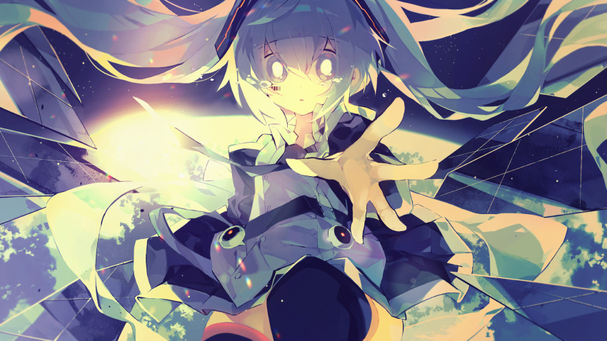1girl aqua_hair barcode_tattoo black_legwear black_neckwear black_skirt collared_shirt commentary_request crying detached_sleeves eyebrows_visible_through_hair hair_between_eyes hatsune_miku highres long_hair looking_at_viewer meto_(metrin) necktie outstretched_arm reaching_out shirt skirt solo space star_(sky) tattoo tears thigh-highs twintails vocaloid white_shirt