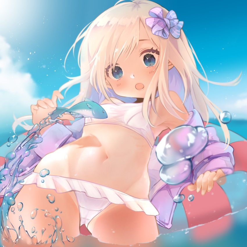 1girl ass_visible_through_thighs bangs bikini bikini_skirt blonde_hair blue_eyes blue_sky blush breasts clouds commentary_request day eyebrows_visible_through_hair fish hair_ornament hair_ribbon highres jacket kantai_collection long_hair long_sleeves looking_at_viewer navel ocean off_shoulder one-piece_tan open_mouth ribbon ro-500_(kantai_collection) ruohire9 sky small_breasts solo stomach swimsuit swimsuit_under_clothes tan tanline water white_bikini