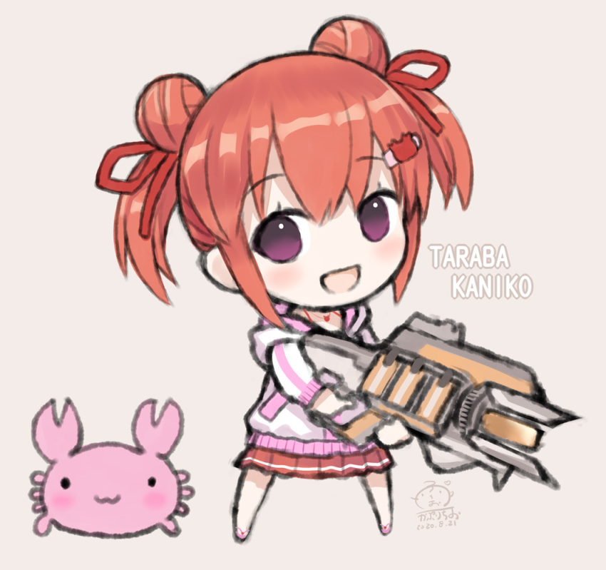 1girl :d animal apex_legends bangs brown_hair capriccio chibi commentary_request copyright_request crab dated double_bun eyebrows_visible_through_hair full_body gun hair_between_eyes hair_ornament hair_ribbon hairclip holding holding_gun holding_weapon jacket long_sleeves looking_at_viewer open_mouth pink_footwear pleated_skirt red_ribbon red_skirt ribbon shoes sidelocks signature skirt smile solo standing twintails violet_eyes virtual_youtuber weapon white_jacket