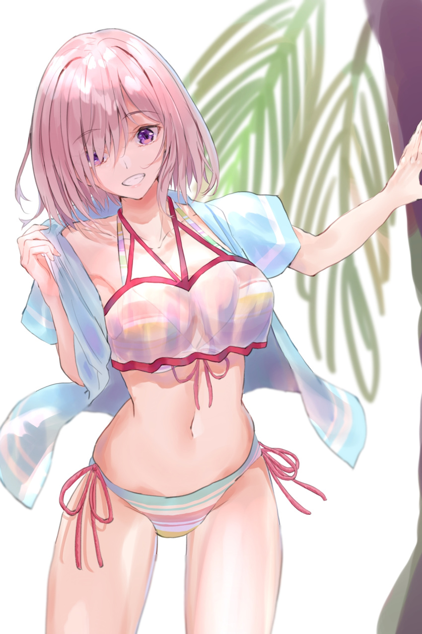 1girl bikini blue_shirt collarbone commentary_request cowboy_shot fate/grand_order fate_(series) front-tie_top grin hair_over_one_eye highres kei201107 mash_kyrielight navel open_clothes open_shirt purple_hair shirt short_hair smile solo standing striped striped_bikini swimsuit swimsuit_of_perpetual_summer_ver.02 violet_eyes