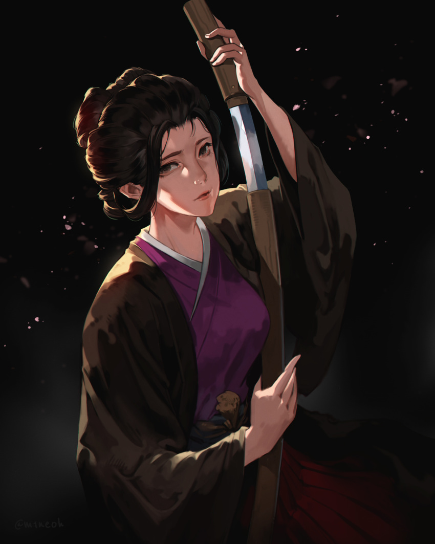 1girl black_hair brown_eyes dark_background emma_the_gentle_blade highres holding holding_sword holding_weapon japanese_clothes jiro_(ninetysix) katana kimono looking_at_viewer parted_lips sekiro:_shadows_die_twice short_hair sitting solo sword updo weapon