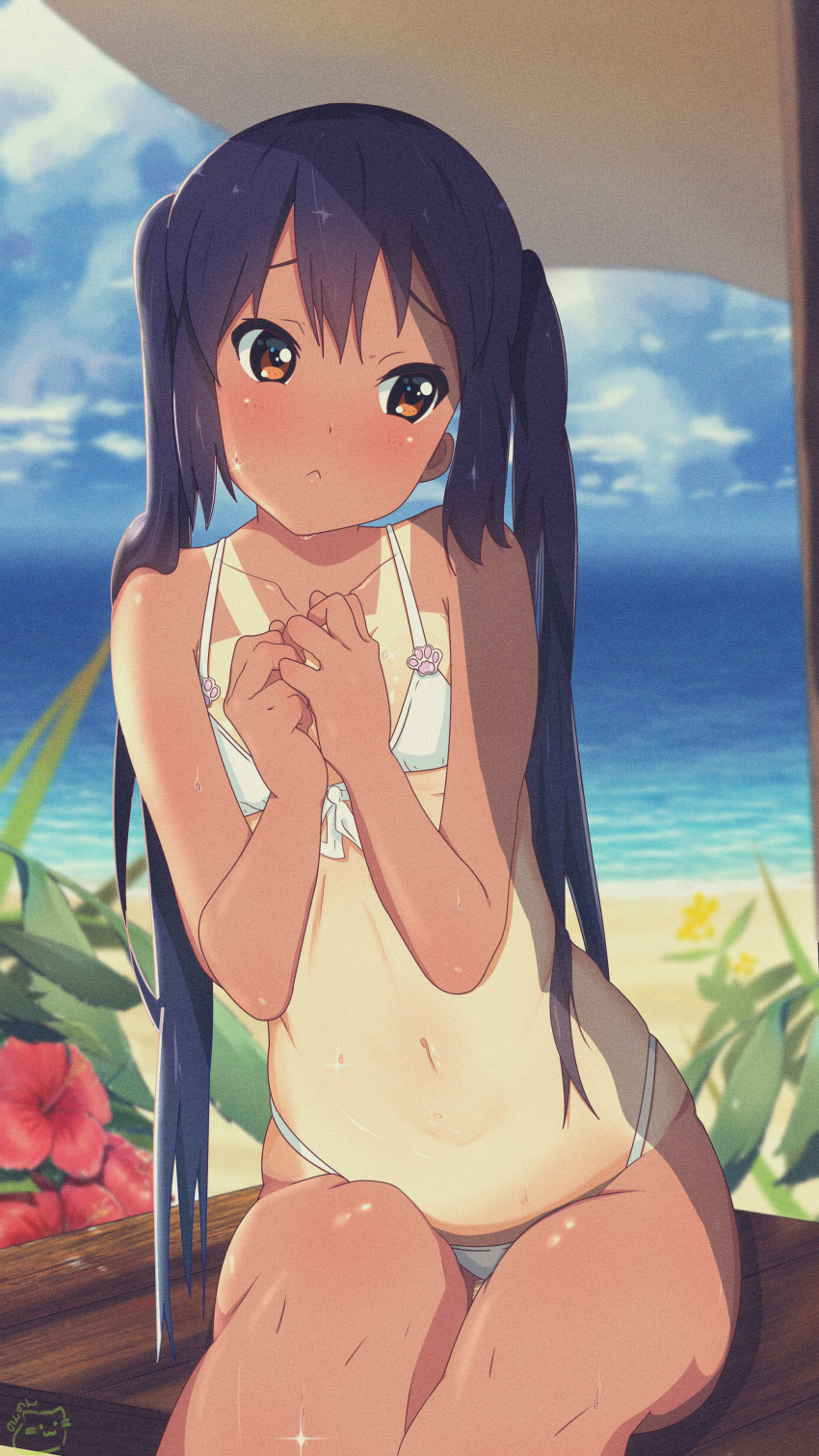 1girl absurdres beach bench bikini black_hair blue_sky blurry brown_eyes clouds collarbone commentary_request day depth_of_field flat_chest flower hands_on_own_chest hibiscus highres horizon huge_filesize k-on! long_hair looking_to_the_side motchi001 nakano_azusa ocean one-piece_tan outdoors sitting sky solo swimsuit tan tanline twintails white_bikini