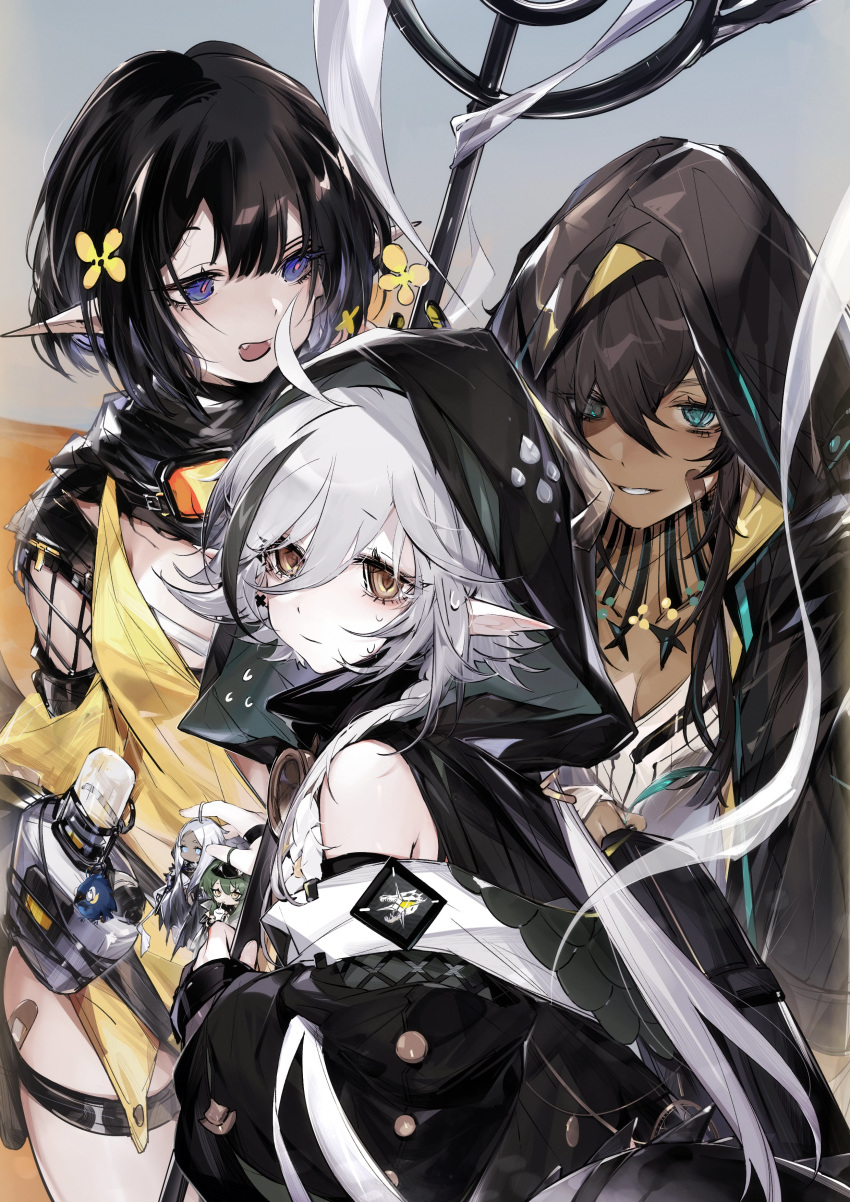 3girls absurdres ahoge arknights bandaid bandaid_on_face bangs bare_shoulders black_hair black_jacket brown_eyes chuzenji commentary_request eunectes_(arknights) fangs flint_(arknights) grin hair_between_eyes highres hood hooded_jacket jacket looking_at_viewer multiple_girls open_mouth parted_lips pointy_ears short_hair silver_hair smile tomimi_(arknights) violet_eyes