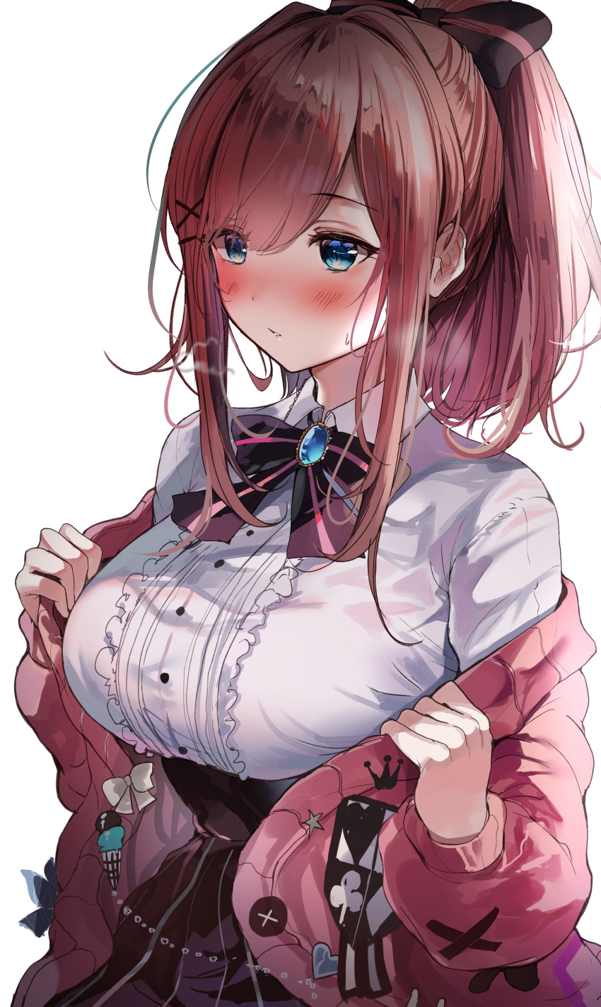 1girl absurdres bangs blue_eyes blush bow breasts buttons commentary_request eyebrows_visible_through_hair frilled_shirt frills gem hair_bow hair_ornament highres jacket large_breasts lips long_hair long_sleeves nijisanji off_shoulder open_clothes open_jacket parted_lips pink_hair ponytail sak_(lemondisk) shirt simple_background skirt solo suzuhara_lulu tied_hair upper_body virtual_youtuber white_background white_shirt