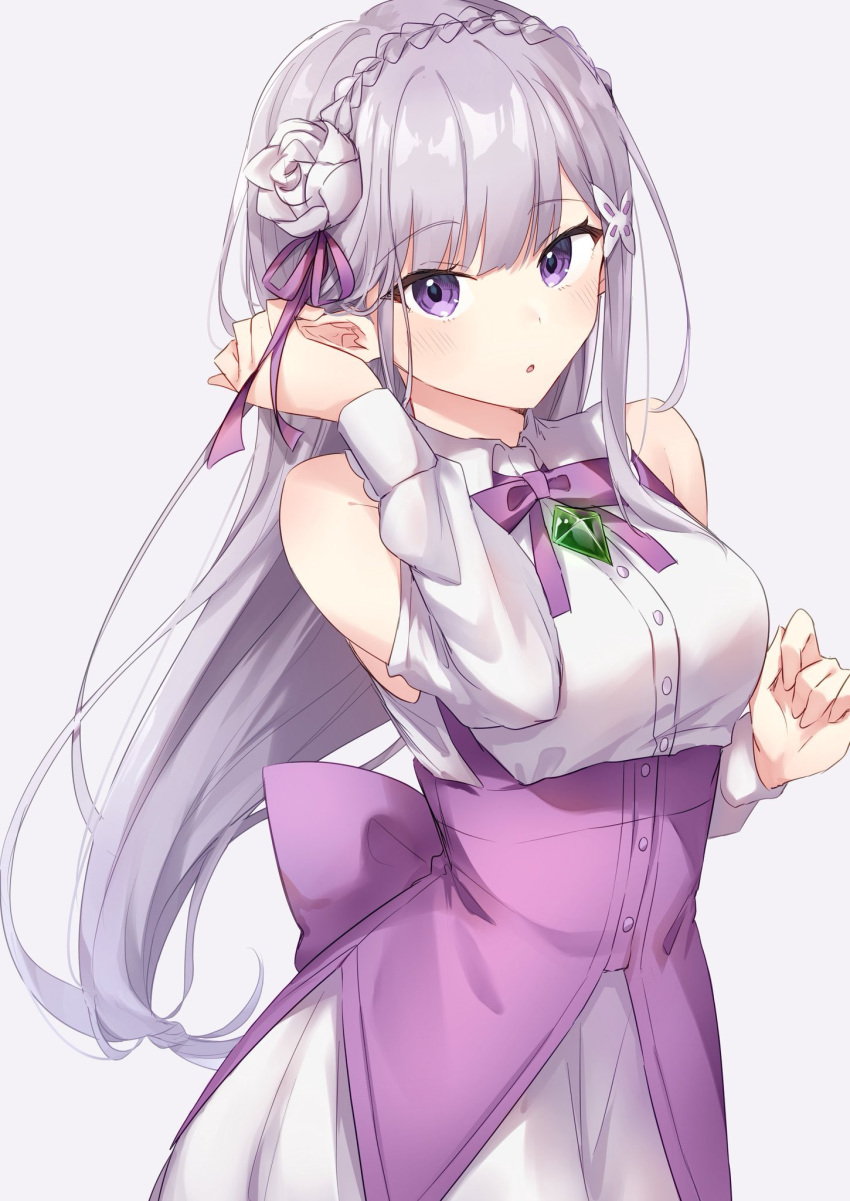 1girl :o back_bow bangs bow braid collared_dress commentary crown_braid detached_sleeves dress elf emilia_(re:zero) eyebrows_visible_through_hair flower grey_background hair_flower hair_ornament hair_ribbon hand_in_hair highres jewelry light_blush long_hair looking_at_viewer low-tied_long_hair neck_ribbon necklace parted_lips pointy_ears purple_bow purple_dress purple_neckwear purple_ribbon re:zero_kara_hajimeru_isekai_seikatsu ribbon rose silver_hair simple_background sleeveless sleeveless_dress solo standing violet_eyes white_flower white_rose white_sleeves yuzutouhu_ika
