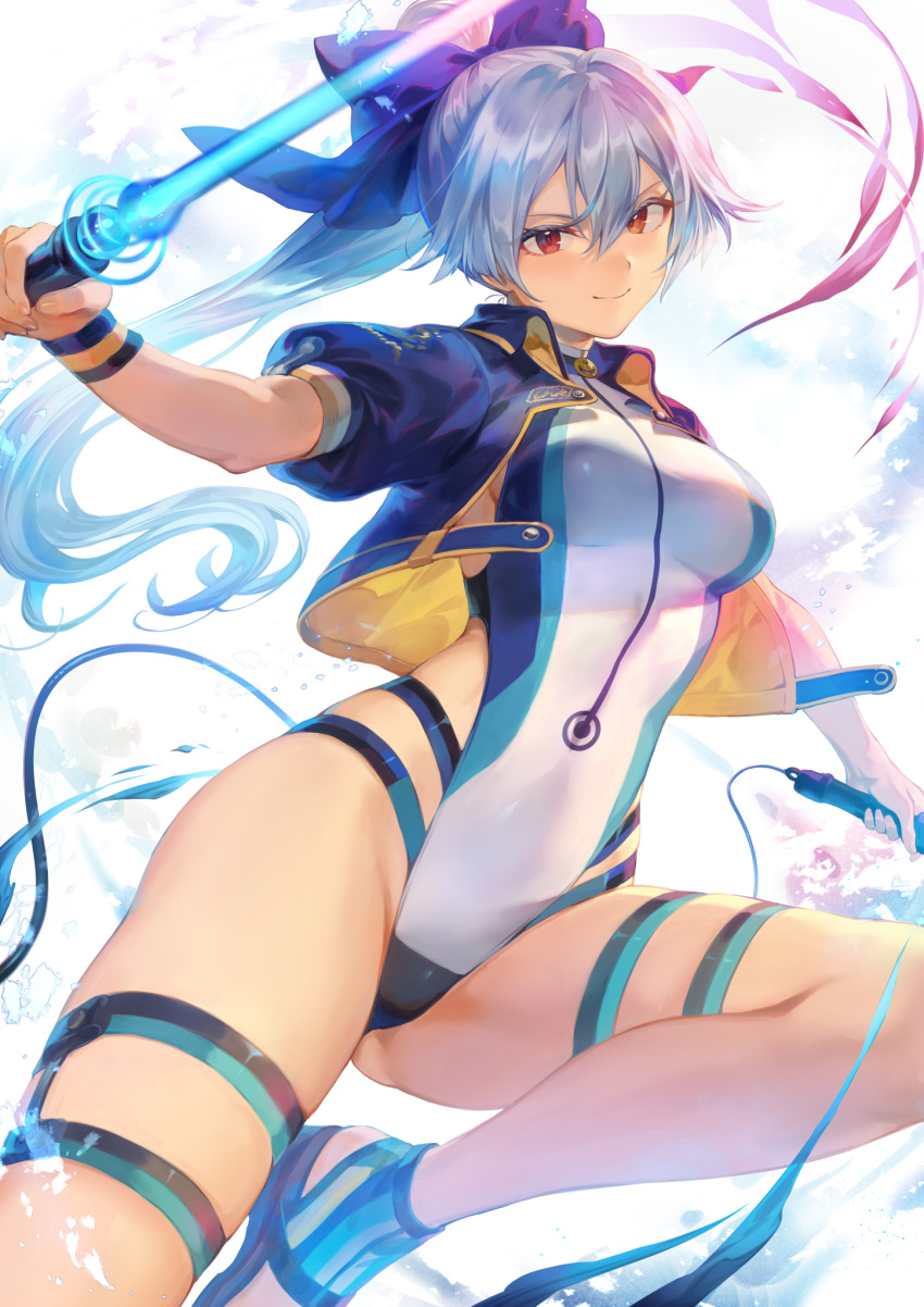 1girl bangs blue_bow blue_jacket blue_swimsuit bow breasts closed_mouth cropped_jacket dual_wielding energy_sword fate/grand_order fate_(series) hair_between_eyes hair_bow highleg highleg_swimsuit highres holding jacket large_breasts long_hair looking_at_viewer mashuu_(neko_no_oyashiro) one-piece_swimsuit ponytail red_eyes sandals short_sleeves silver_hair smile swimsuit sword thigh_strap thighs tomoe_gozen_(fate/grand_order) tomoe_gozen_(swimsuit_saber)_(fate) two-tone_swimsuit water weapon white_background white_swimsuit wristband