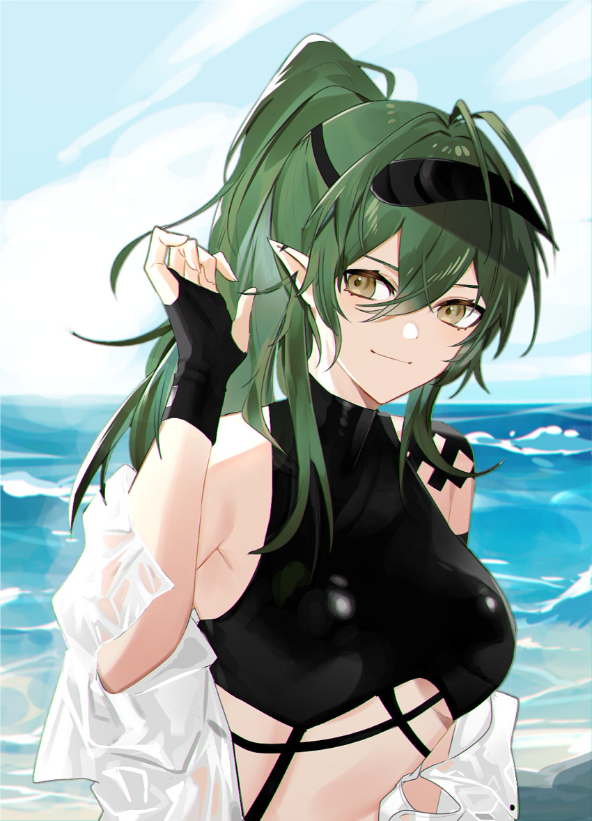 1girl 3o_c alternate_hairstyle arknights bangs bare_shoulders black_gloves black_shirt blue_sky breasts clouds commentary crop_top day fingerless_gloves gavial_(arknights) gloves green_hair grey_eyes hair_between_eyes hand_up highres long_hair looking_at_viewer medium_breasts midriff outdoors pointy_ears ponytail shirt sky sleeveless sleeveless_shirt smile solo upper_body visor_cap
