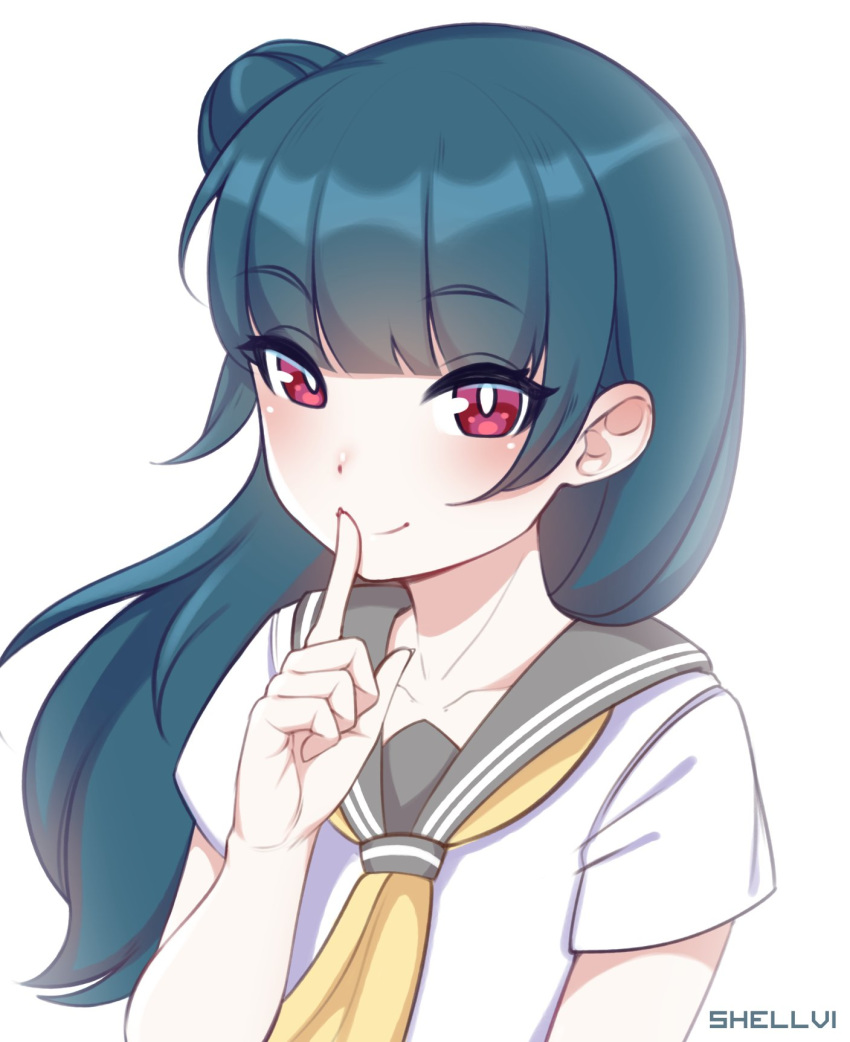 1girl artist_name bangs blue_hair blush collarbone commentary eyebrows_visible_through_hair finger_to_mouth hair_bun hand_up highres index_finger_raised long_hair looking_at_viewer love_live! love_live!_sunshine!! neckerchief red_eyes sailor_collar school_uniform serafuku shellvi shirt short_sleeves side_bun smile solo tsushima_yoshiko uranohoshi_school_uniform violet_eyes white_shirt