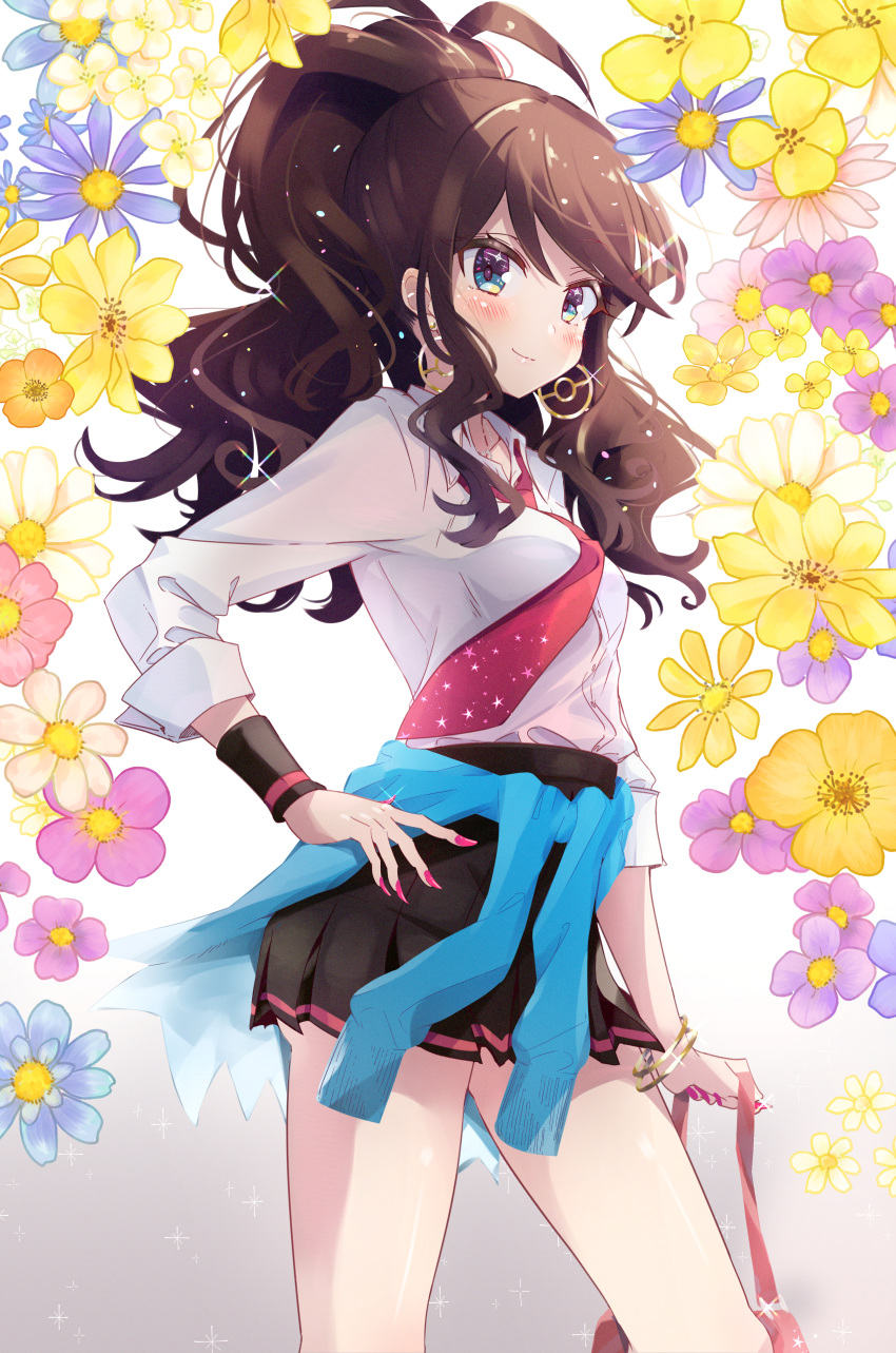 1girl absurdres alternate_costume aqua_eyes bangs black_skirt blush bokkun_(doyagaobyo) bracelet brown_hair closed_mouth clothes_around_waist collared_shirt commentary_request earrings flower glint hand_on_hip highres holding huge_filesize jewelry long_hair looking_at_viewer nail_polish necktie pink_nails pink_neckwear pleated_skirt pokemon pokemon_(game) pokemon_bw shiny shiny_hair shirt skirt sleeves_rolled_up solo touko_(pokemon) white_shirt wristband