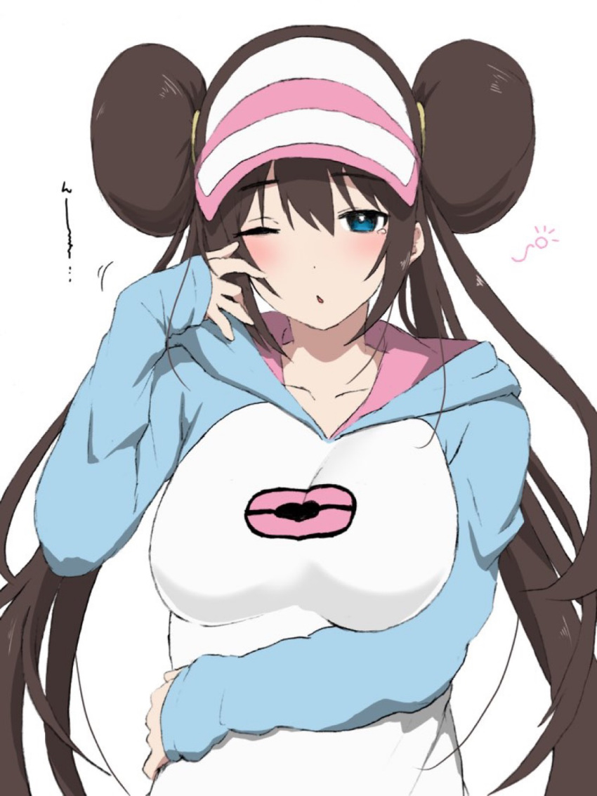 1girl bangs blue_eyes blush breasts brown_hair commentary_request double_bun eyebrows_visible_through_hair hair_tie hand_up highres hood hood_down hoodie long_hair long_sleeves mei_(pokemon) nishikino_kee one_eye_closed open_mouth pokemon pokemon_(game) pokemon_bw2 raglan_sleeves sleeves_past_wrists solo tied_hair twintails two-tone_headwear very_long_hair visor_cap white_background