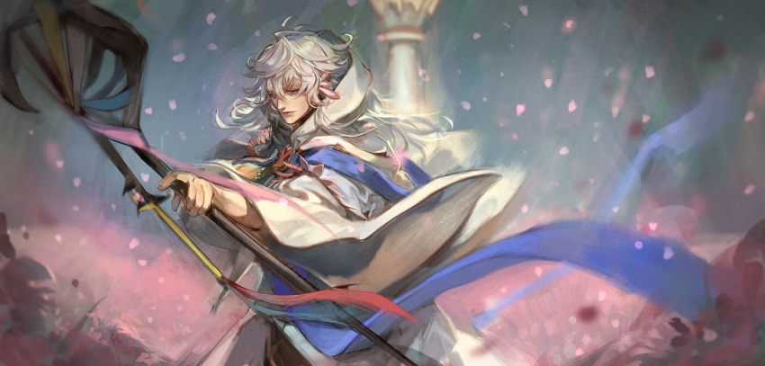 1boy ahoge bangs bishounen center_frills fate/grand_order fate_(series) flower flower_knot hair_between_eyes hair_ornament highres holding holding_staff holding_weapon hood hood_down hooded_robe long_hair long_sleeves looking_at_viewer male_focus merlin_(fate) multicolored_hair petals pink_ribbon ribbon robe solo staff susukino tassel turtleneck two-tone_hair upper_body very_long_hair violet_eyes weapon white_hair white_robe wide_sleeves