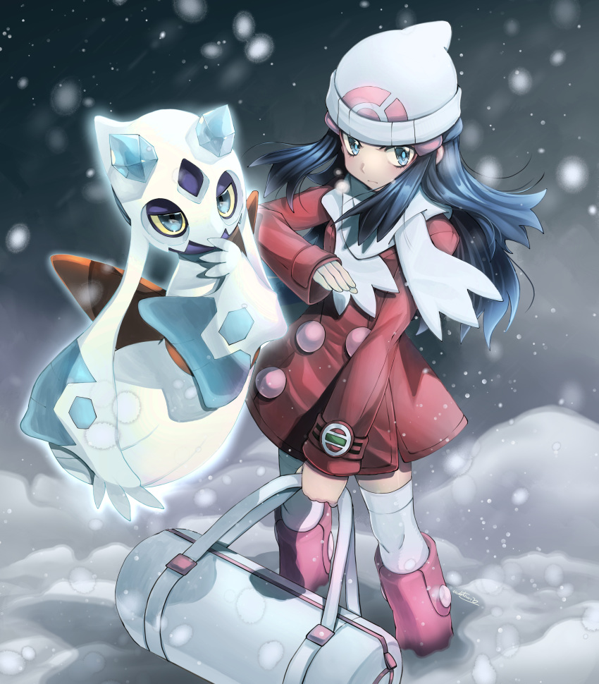 1girl absurdres bag beanie black_hair blue_eyes boots buttons clip_studio_paint_(medium) closed_mouth coat commentary_request duffel_bag eudetenis eyelashes froslass gen_4_pokemon hair_ornament hand_up hat highres hikari_(pokemon) holding knees long_hair long_sleeves pink_footwear pokemon pokemon_(creature) pokemon_(game) pokemon_dppt pokemon_platinum red_coat scarf snow snowing thigh-highs white_headwear white_legwear white_scarf