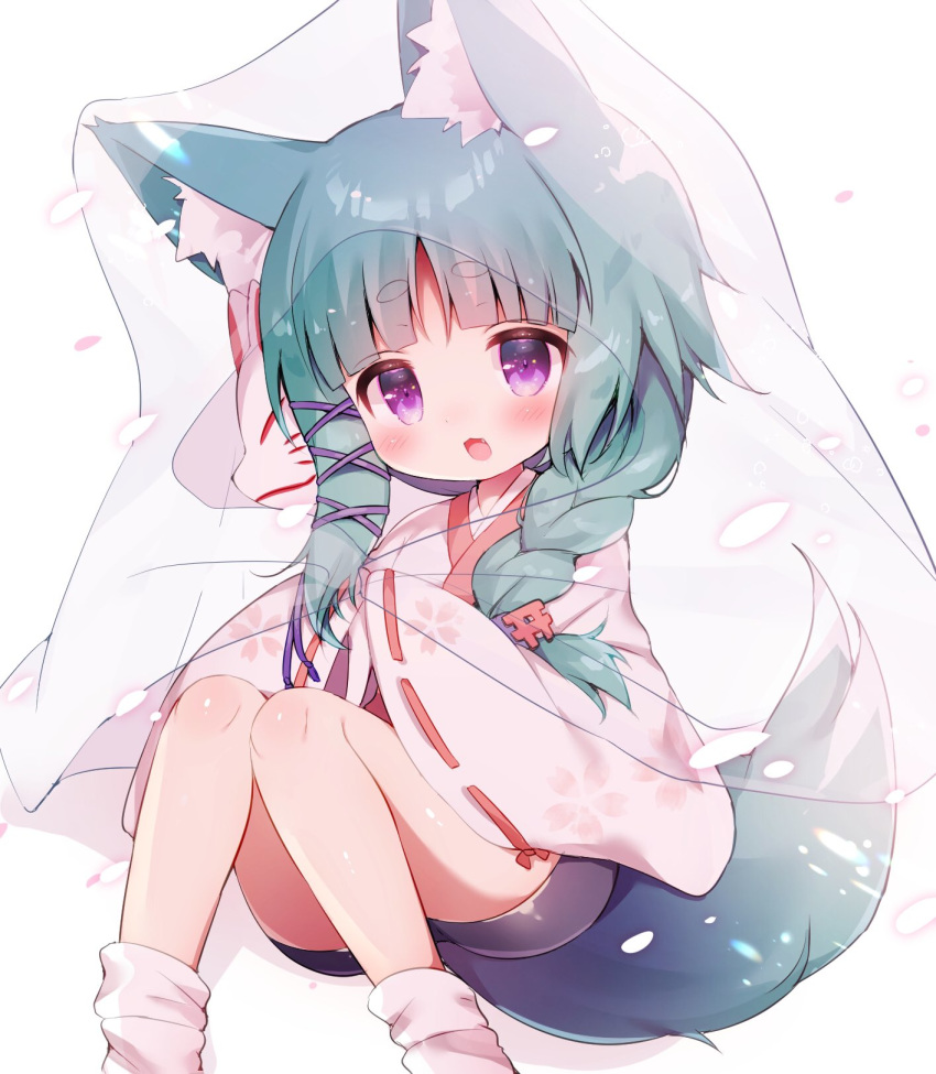 1girl :3 :d animal_ear_fluff animal_ears bangs bike_shorts black_shorts blush braid commentary_request eyebrows_visible_through_hair fang fox_mask green_hair hair_ornament hair_over_shoulder hair_ribbon highres japanese_clothes kimono long_hair long_sleeves looking_at_viewer mask mask_on_head momozu_komamochi open_mouth original purple_ribbon ribbon see-through short_eyebrows short_shorts shorts simple_background sitting sleeves_past_fingers sleeves_past_wrists smile socks solo tail thick_eyebrows torii_hair_ornament veil white_background white_kimono white_legwear wide_sleeves