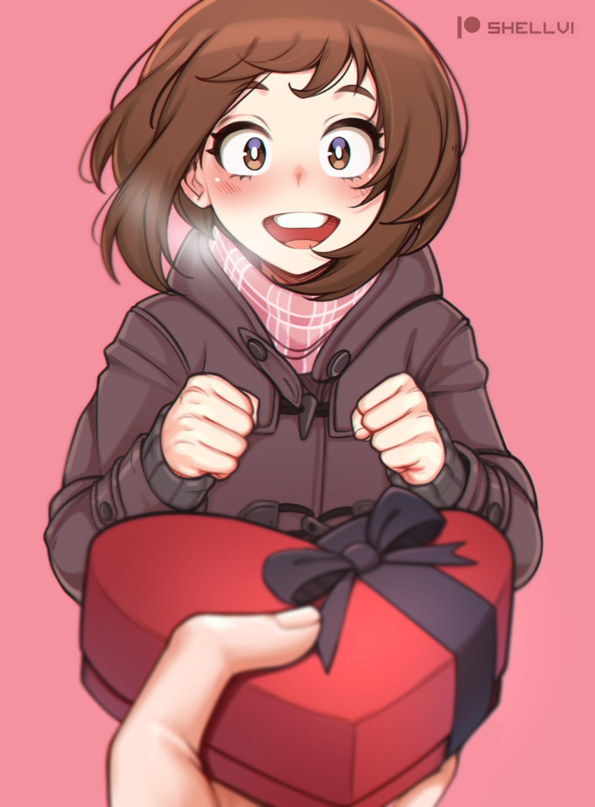 1girl 1other absurdres artist_name blush boku_no_hero_academia breasts brown_eyes brown_hair commentary highres jacket layered_sleeves long_sleeves looking_at_viewer open_mouth patreon_logo pink_scarf plaid plaid_scarf pov pov_hands scarf shellvi short_hair simple_background smile solo_focus upper_teeth uraraka_ochako