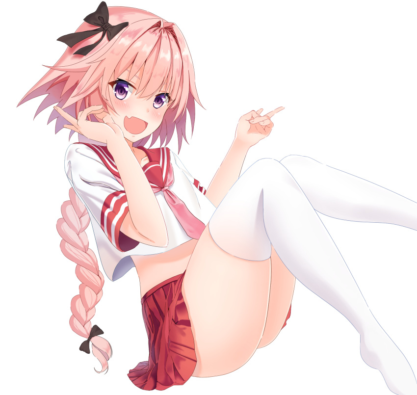 1boy :d androgynous astolfo_(fate) bangs black_bow blush bow braid braided_ponytail collarbone collared_shirt fang fate/apocrypha fate_(series) floating_hair hair_between_eyes hair_bow hair_intakes highres koco_(dcde7288) long_hair male_focus midriff miniskirt open_mouth otoko_no_ko pink_hair pink_neckwear pleated_skirt ponytail red_sailor_collar red_serafuku red_skirt sailor_collar sailor_shirt shiny shiny_hair shirt simple_background skin_fang skirt smile solo stomach thigh-highs very_long_hair violet_eyes white_background white_legwear white_shirt