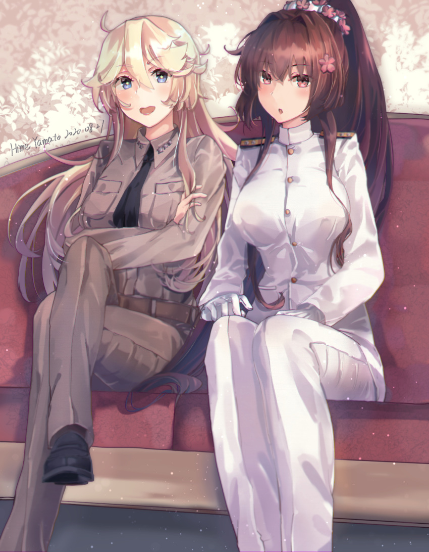 2girls alternate_costume belt blonde_hair breasts brown_eyes brown_hair collared_vest crossed_arms crossed_legs gloves grey_eyes highres himeyamato iowa_(kantai_collection) kantai_collection large_breasts long_hair military military_uniform multiple_girls naval_uniform pants star-shaped_pupils star_(symbol) symbol-shaped_pupils uniform vest yamato_(kantai_collection)