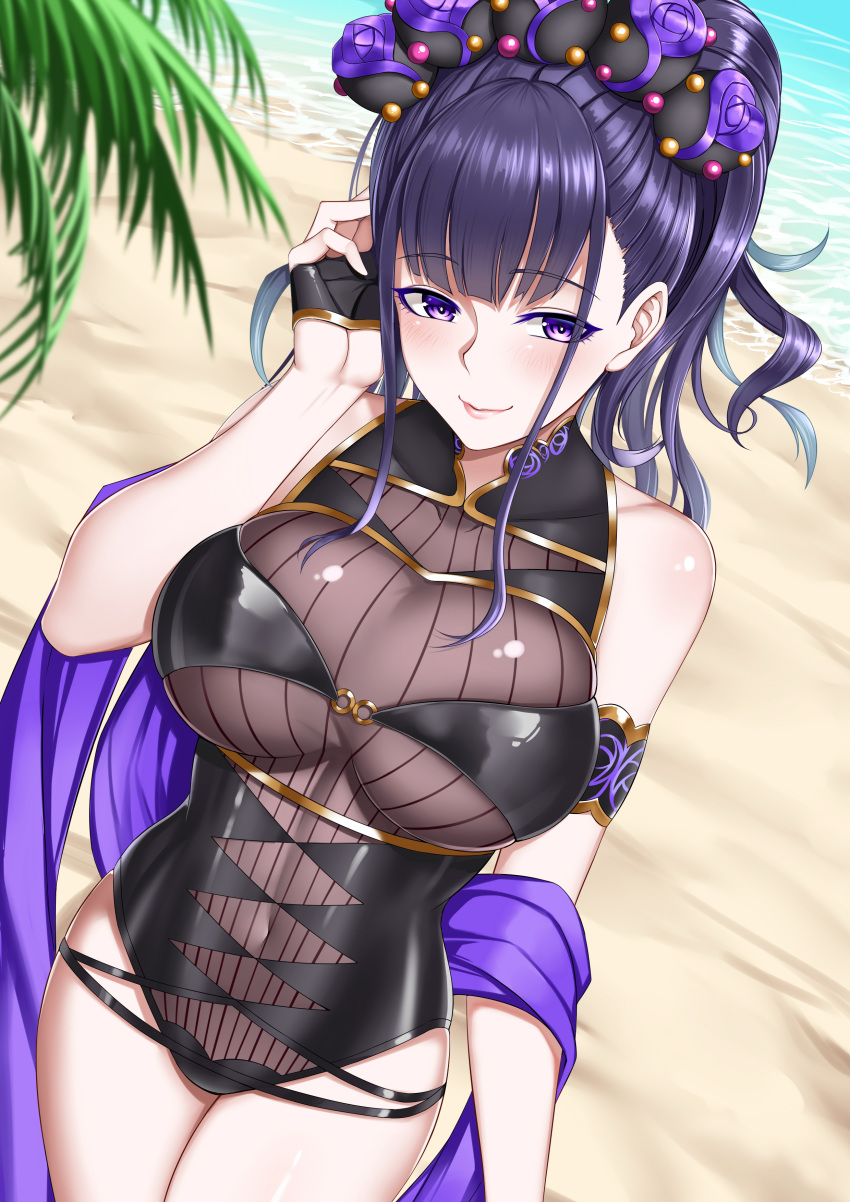 1girl absurdres armlet bangs bare_shoulders beach black_gloves black_hair black_swimsuit blush breasts closed_mouth covered_navel fate/grand_order fate_(series) fingerless_gloves flower gloves hair_flower hair_ornament hair_up half_gloves highleg highleg_swimsuit highres large_breasts long_hair looking_at_viewer murasaki_shikibu_(fate) murasaki_shikibu_(swimsuit_rider)_(fate) one-piece_swimsuit palm_tree purple_hair shawl shore smile swimsuit thighs tied_hair tree violet_eyes xiao_gen