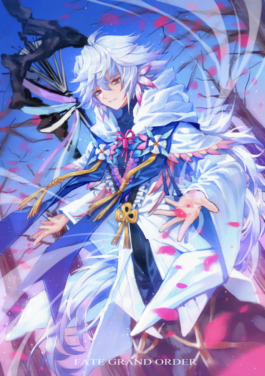 1boy absurdres ahoge bangs bishounen black_pants center_frills copyright_name emmy_(nwsk5828) fate/grand_order fate_(series) flower flower_knot full_body hair_between_eyes hair_ornament highres hood hood_down hooded_robe light_smile long_hair long_sleeves looking_at_viewer male_focus merlin_(fate) multicolored_hair pants parted_lips petals pink_ribbon ribbon robe sky smile solo staff tassel tree turtleneck two-tone_hair very_long_hair violet_eyes weapon white_hair white_robe wide_sleeves