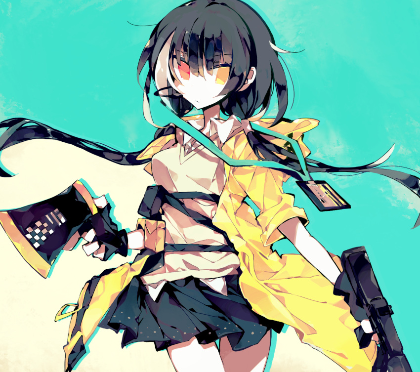 1girl aqua_background beige_vest black_gloves black_hair black_skirt commentary_request cowboy_shot eyebrows_visible_through_hair fingerless_gloves girls_frontline gloves gun headset heterochromia highres holding holding_gun holding_megaphone holding_weapon hood hood_down lanyard long_hair looking_to_the_side megaphone meto_(metrin) multicolored_hair name_tag orange_eyes pleated_skirt ro635 ro635_(girls_frontline) short_sleeves skirt solo submachine_gun twintails two-tone_hair very_long_hair weapon white_hair wing_collar yellow_eyes yellow_hoodie