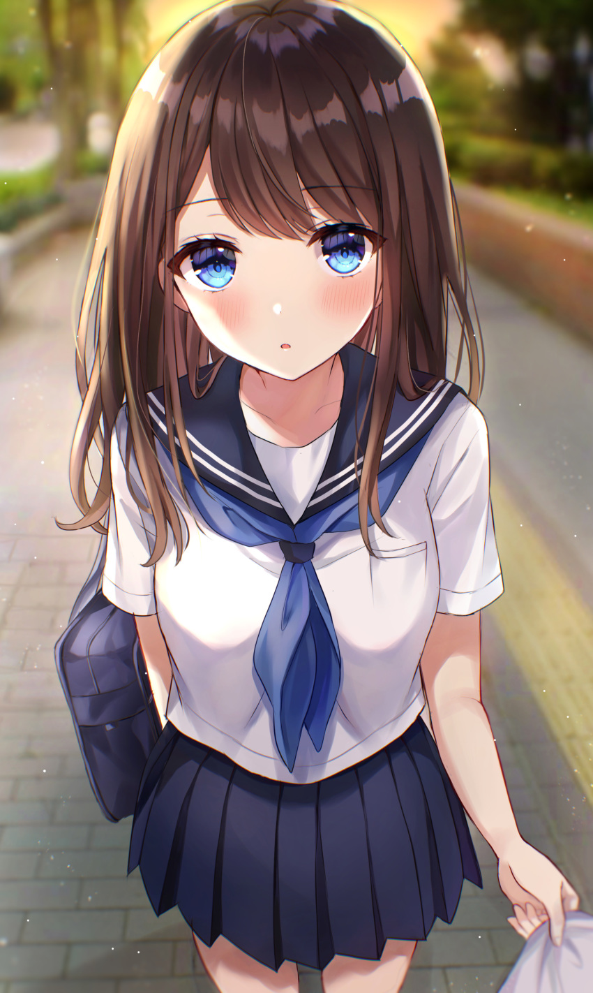 1girl :o absurdres bag bangs blue_eyes blue_sailor_collar blue_skirt blurry blurry_background blush breasts brown_hair collarbone commentary_request cowboy_shot day depth_of_field eyebrows_visible_through_hair highres holding holding_bag long_hair looking_at_viewer medium_breasts miniskirt neckerchief open_mouth original outdoors parted_lips parum39 pleated_skirt sailor_collar school_bag school_uniform serafuku shirt short_sleeves sidelocks skirt solo_focus standing white_shirt