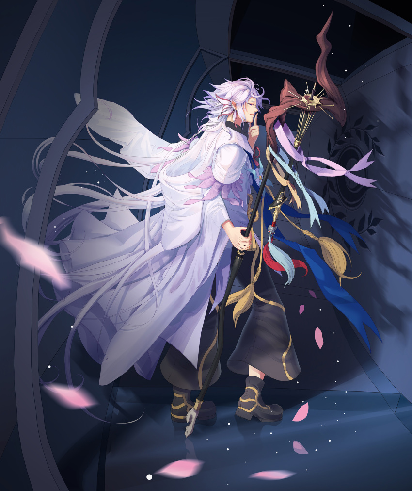 1boy ahoge bangs bishounen black_footwear black_pants center_frills chenovellia fate/grand_order fate_(series) flower flower_knot hair_between_eyes hair_ornament highres holding holding_staff holding_weapon hood hood_down hooded_robe long_hair long_sleeves looking_to_the_side male_focus merlin_(fate) multicolored_hair open_mouth pants petals pink_ribbon ribbon robe shoes solo staff tassel turtleneck two-tone_hair upper_body very_long_hair violet_eyes weapon white_hair white_robe wide_sleeves