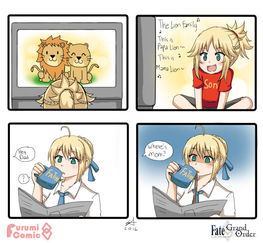 2016 2girls ahoge artoria_pendragon_(all) blonde_hair blush braid coffee_mug copyright_name cup dated english_commentary english_text fang fate/grand_order fate_(series) french_braid from_behind green_eyes highres keita_naruzawa lion mordred_(fate) mordred_(fate)_(all) mug multiple_girls newspaper ponytail red_scrunchie saber scrunchie shaded_face smile television