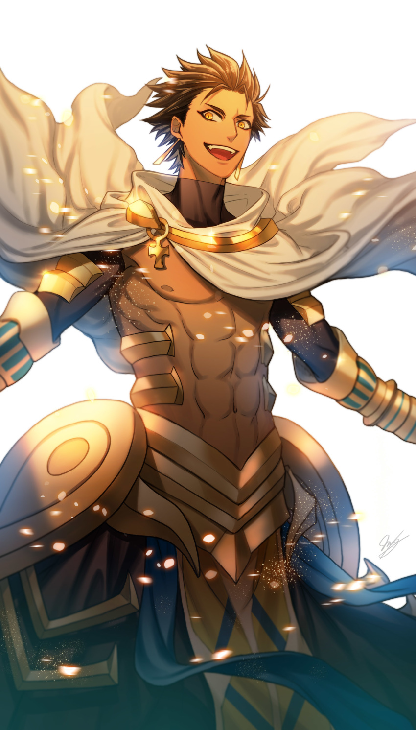 1boy abs absurdres ahoge black_gloves brown_hair cape dark_skin dark_skinned_male egyptian egyptian_clothes fate/grand_order fate/prototype fate/prototype:_fragments_of_blue_and_silver fate_(series) gauntlets gloves highres jewelry looking_at_viewer m/g male_focus muscle necklace open_mouth outstretched_arms ozymandias_(fate) shirtless shrug_(clothing) sign simple_background smile solo spread_arms white_background white_cape yellow_eyes