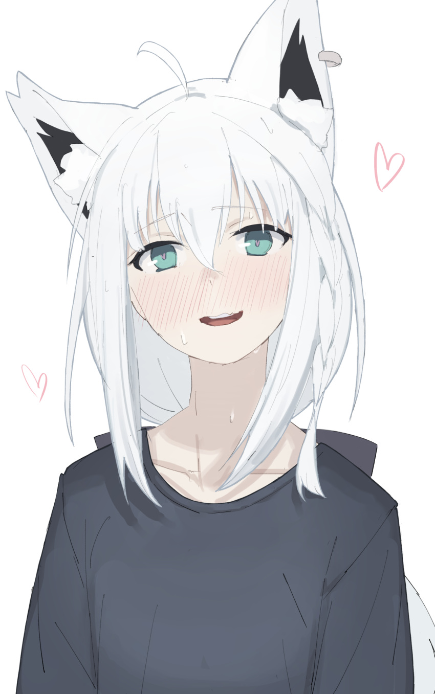 1girl ahoge animal_ear_fluff animal_ears aqua_eyes bangs black_shirt blush braid breasts collarbone commentary_request eyebrows_visible_through_hair fox_ears fox_girl full-face_blush hair_between_eyes head_tilt heart heart-shaped_pupils highres hololive kujira_pasta long_hair looking_at_viewer low_ponytail open_mouth ponytail shirakami_fubuki shirt side_braid sidelocks silver_hair simple_background single_braid small_breasts smile solo sweat symbol-shaped_pupils t-shirt upper_teeth virtual_youtuber wavy_mouth white_background