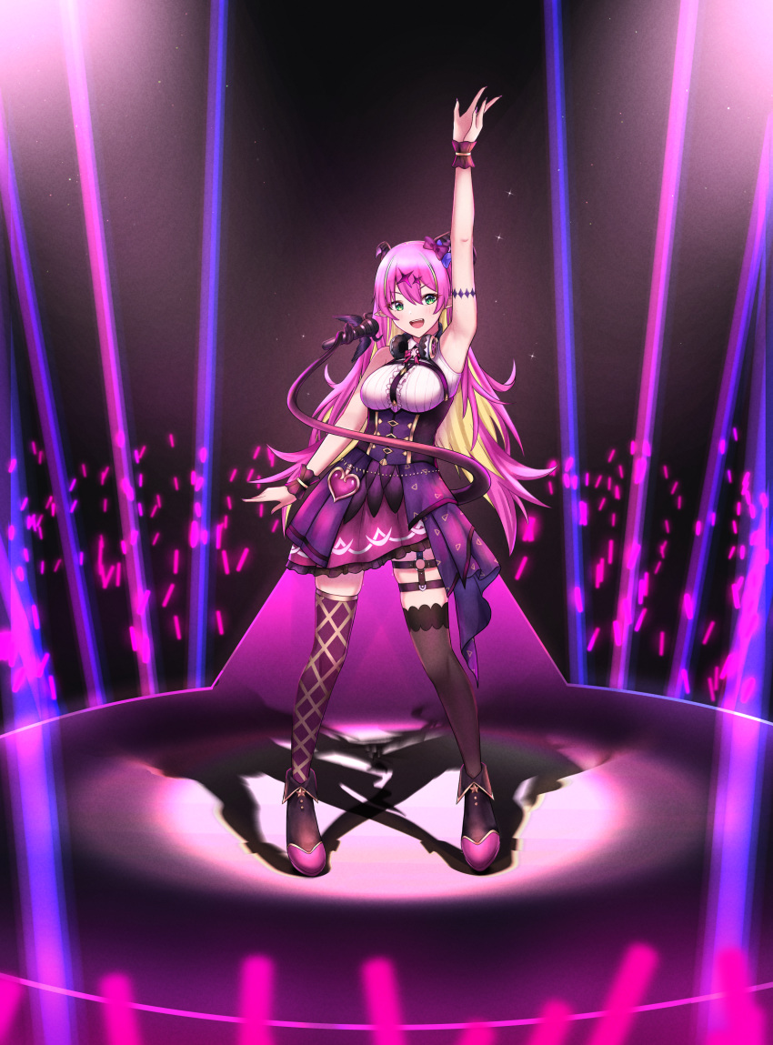1girl absurdres arm_up armband armpits asymmetrical_horns audience bare_shoulders blonde_hair blush bow breasts colored_inner_hair concert demon_horns frilled_skirt frills glowstick green_eyes hair_between_eyes hair_ornament headphones headphones_around_neck highres hololive horn_bow horns kenken_(keuken) long_hair mano_aloe medium_breasts microphone mismatched_legwear multicolored_hair open_mouth pink_hair pointy_ears print_skirt shirt skindentation skirt sleeveless sleeveless_shirt smile solo stage tail tail_hold thigh-highs thigh_strap two-tone_footwear two-tone_hair virtual_youtuber wrist_cuffs