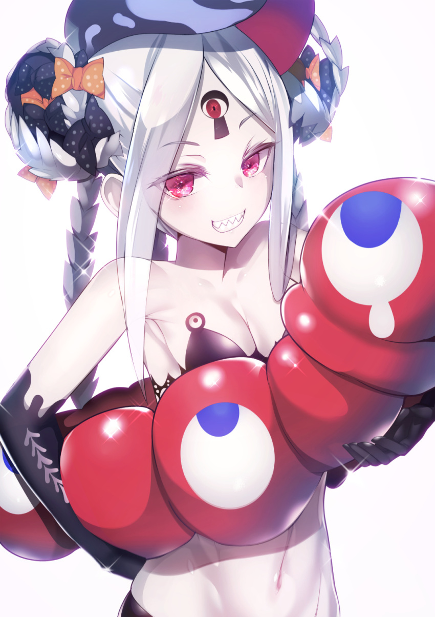 1girl abigail_williams_(fate/grand_order) abigail_williams_(swimsuit_foreigner)_(fate) bangs bare_shoulders bikini black_bikini black_bow blush bow breasts collarbone double_bun expo2025 fate/grand_order fate_(series) forehead grin highres inochi-no-kagayaki keyhole long_hair looking_at_viewer micro_bikini multiple_bows navel orange_bow parted_bangs pink_eyes sharp_teeth sidelocks silly_(marinkomoe) simple_background small_breasts smile sparkle swimsuit tearing_up teeth third_eye very_long_hair white_background white_hair white_skin