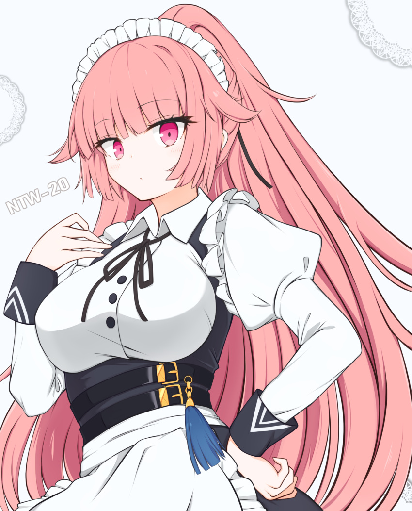 1girl apron black_ribbon breasts character_name dress eyebrows_visible_through_hair girls_frontline hairband hand_on_hip highres long_hair looking_at_viewer maid maid_apron maid_dress maid_headdress medium_breasts neck_ribbon ntw-20_(girls_frontline) pink_hair ribbon risshu solo violet_eyes white_background