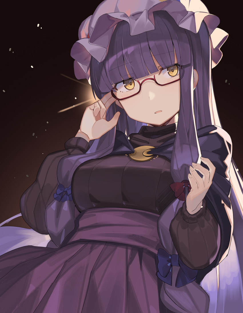 1girl adjusting_eyewear arm_up bangs blunt_bangs bow breasts dress eyebrows_visible_through_hair hair_bow hat highres long_hair long_sleeves looking_at_viewer open_mouth patchouli_knowledge purple_bow purple_hair red_bow rin_falcon semi-rimless_eyewear shirt_tucked_in simple_background skirt solo sweater touhou upper_body very_long_hair yellow_eyes