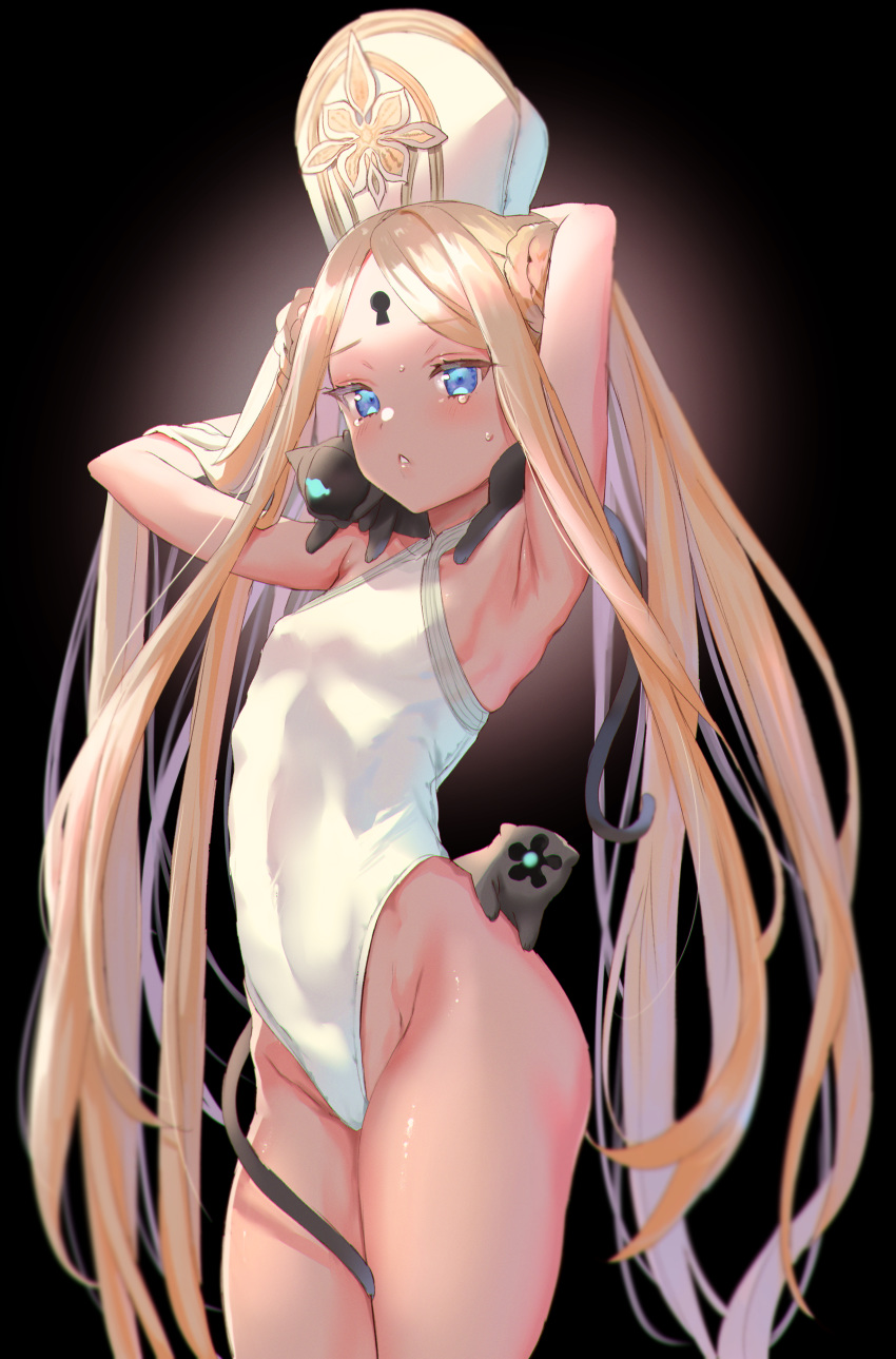 1girl abigail_williams_(fate/grand_order) abigail_williams_(swimsuit_foreigner)_(fate) absurdres armpits arms_up bangs black_background blonde_hair blue_eyes blush breasts cat commentary_request double_bun fate/grand_order fate_(series) hat highleg highleg_swimsuit highres keyhole long_hair looking_at_viewer one-piece_swimsuit parted_bangs parted_lips saise_chisa simple_background small_breasts solo sweatdrop swimsuit tears very_long_hair white_headwear white_swimsuit