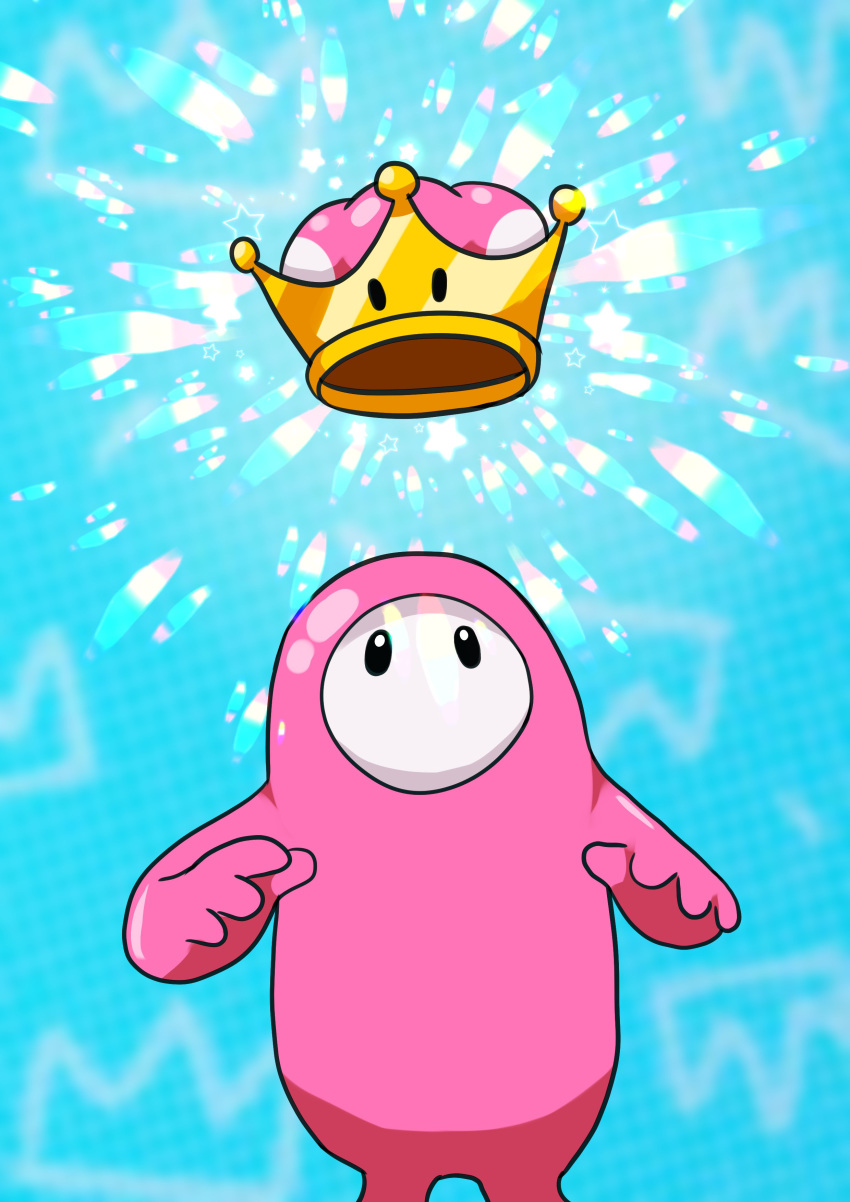 1other absurdres aqua_background arms_at_sides english_commentary fall_guy fall_guys glitter highres looking_up super_mario_bros. new_super_mario_bros._u_deluxe no_humans no_mouth other_focus pink_suit ravenide shiny solo super_crown |_|