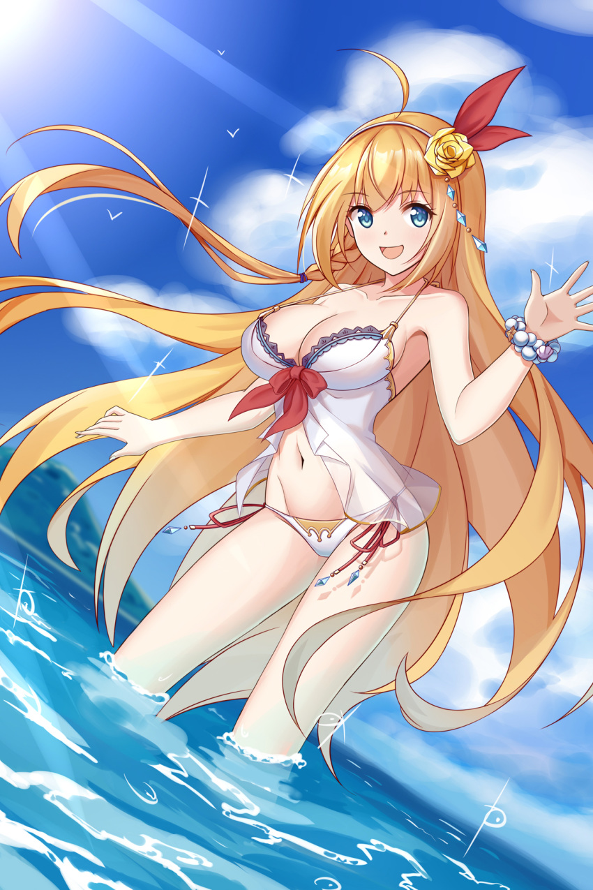 1girl ahoge bangs blue_eyes blush breasts commentary_request contrapposto flan_(f_l_an) hair_ribbon highres large_breasts long_hair looking_at_viewer open_mouth orange_hair pecorine princess_connect! princess_connect!_re:dive ribbon smile solo swimsuit
